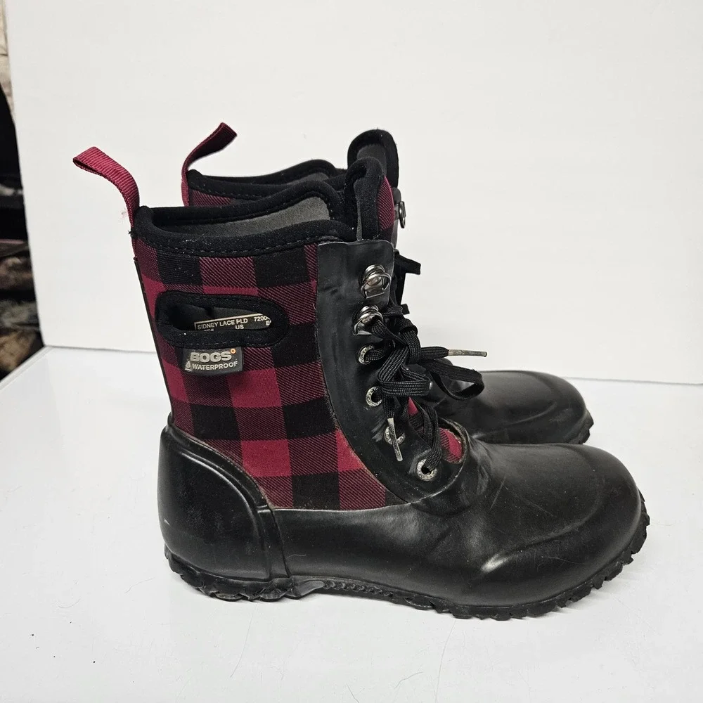 Bogs Sidney Lace PLD Youth 4 Black Red Buffalo Plaid Waterproof Winter Boots